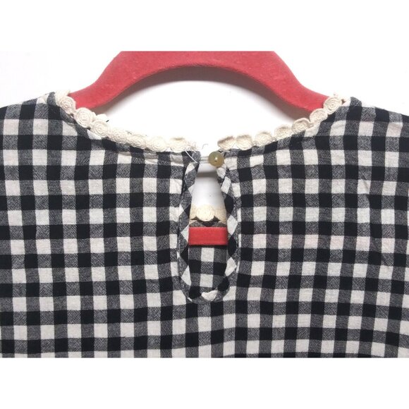 Everleigh Anthropologi Top XS Black Ivory Gingham Plaid Crochet Trim flutter slv - Picture 10 of 14
